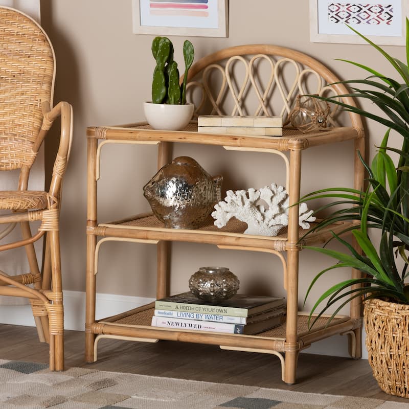 Redell Modern Bohemian Natural Brown Rattan 3-Tier Display Shelf