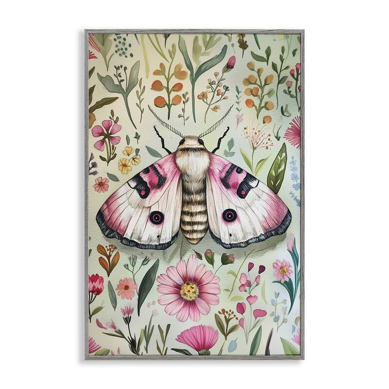 Stupell Moth over Floral Herbs Framed Giclee Art Design By The Dutch Lady - 16 x 24 - Grey