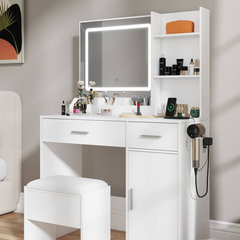 2-Piece Vanity Set with Upholstered Stool, Makeup Vanity Desk with LED Light Mirror and Charging Station