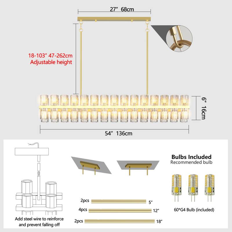 54" Gold Crystal Brass Rectangle Chandelier - Farmhouse - Kitchen Dining， Includes 60XG4 Bulbs