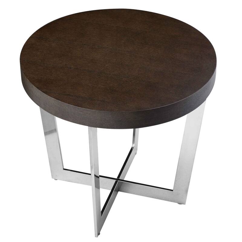 24 in. Espresso Brown and Chrome Round Wood End Table, Sturdy Build End Side Table for Living Rooms