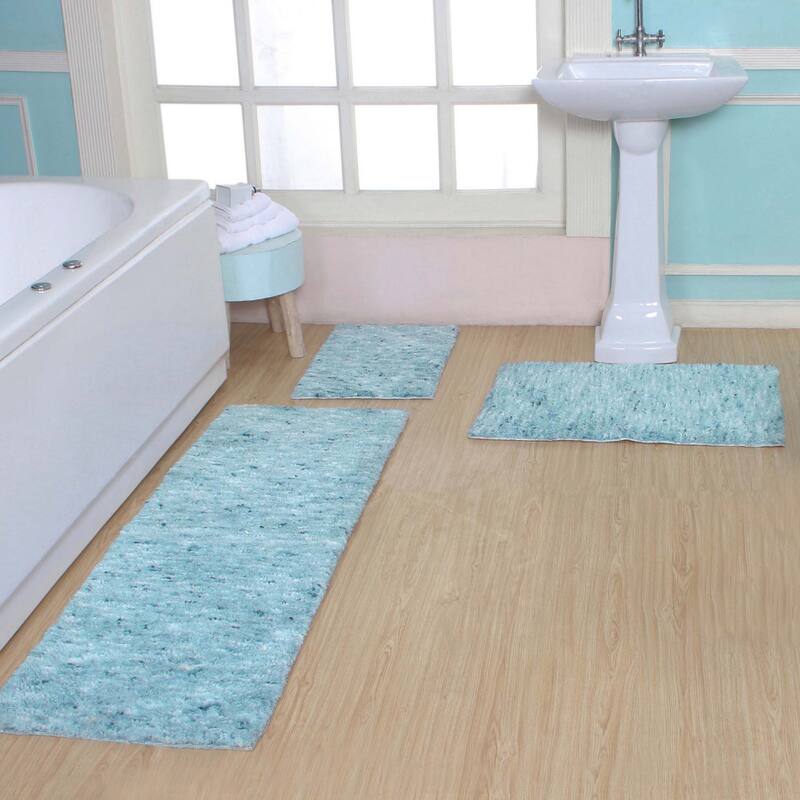 Home Weavers Cloud Comfort 100% Microfiber Bath Rug Set, Water Absorbent Soft Microfiber Shaggy Mat Machine Washable - 3Pc Set - Blue - 17"x24", 21"x34", 22"x60"