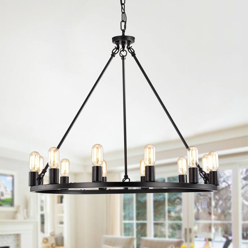 Matte Black 12-Light 35 Inch Round Wagon Wheel Chandelier