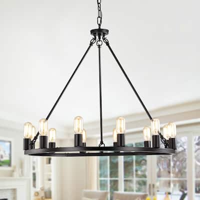 Matte Black 12-Light 35 Inch Round Wagon Wheel Chandelier