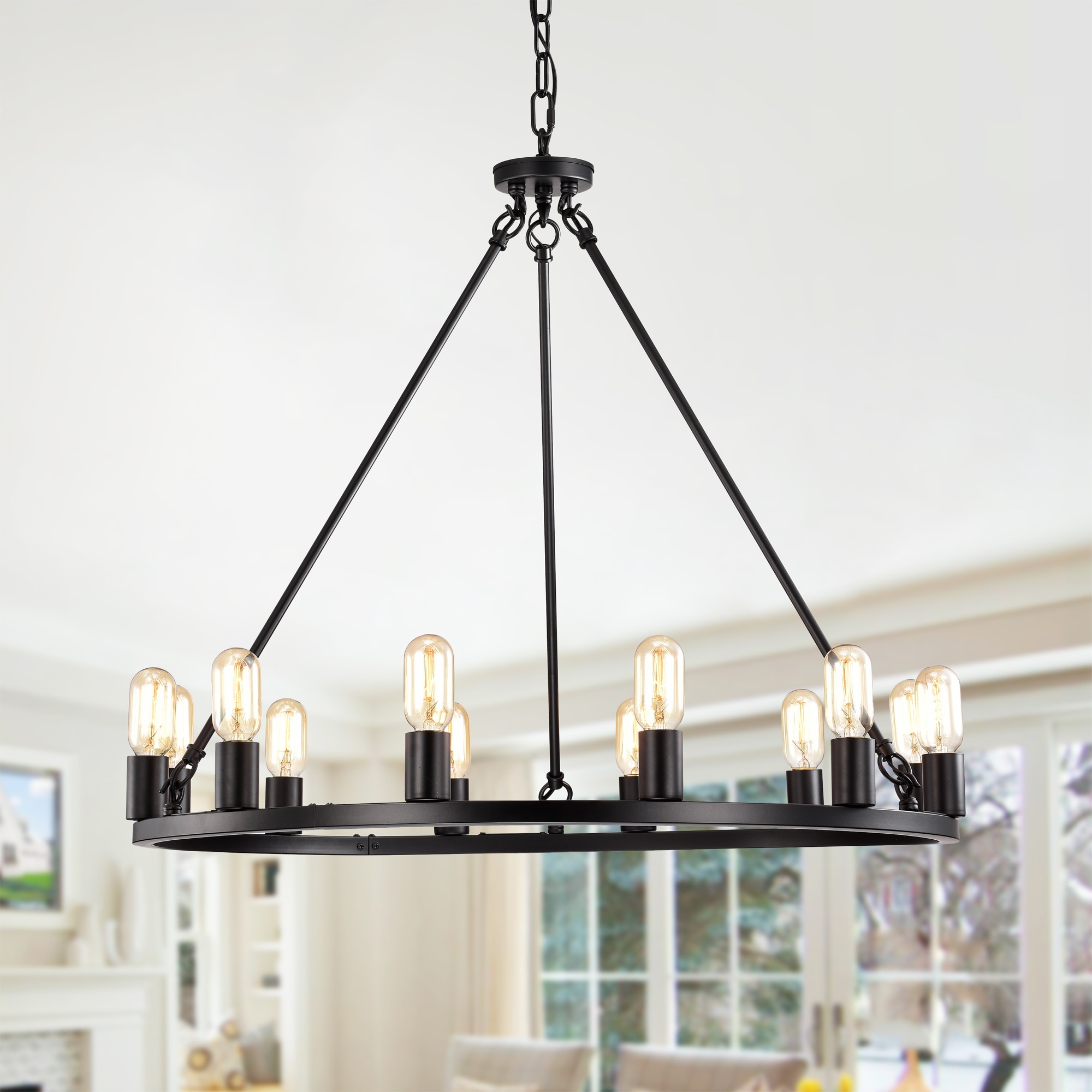 Matte Black 12-Light 35 Inch Round Wagon Wheel Chandelier