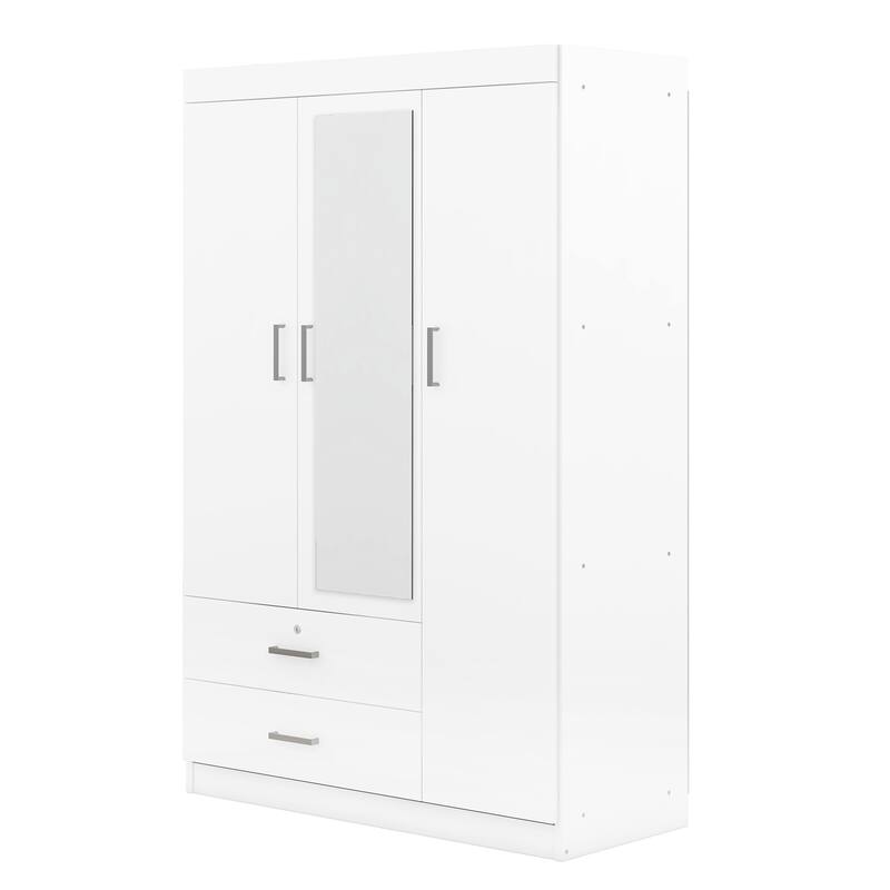 3-Door Mirror Wardrobe, Armoires with Dressing Mirror Hanging Clothes Rod and Drawers with Lock for Bedroom Storage, White