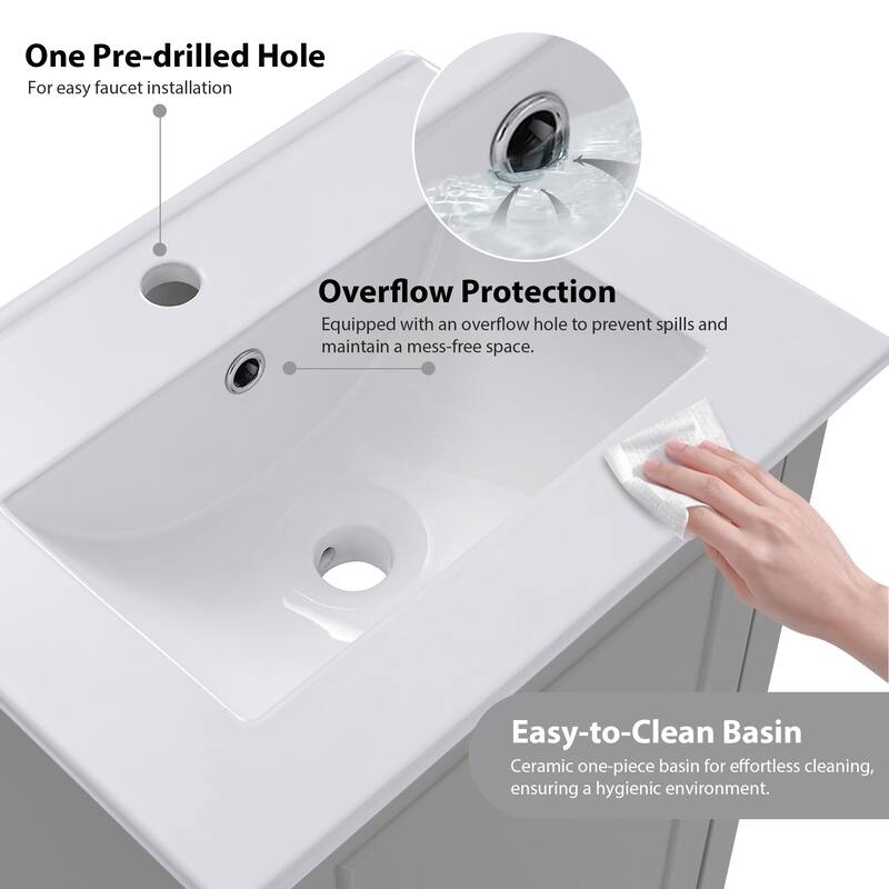 20" Modern Bathroom Vanity with Ceramic Sink, Soft-Close Door & Storage Shelf -Space-Saving Design.