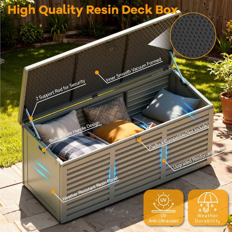 130 Gal. Upgraded Resin Deck Box, Outdoor Storage Box Waterproof with Hydraulic Rod and Side Handle, Lockable