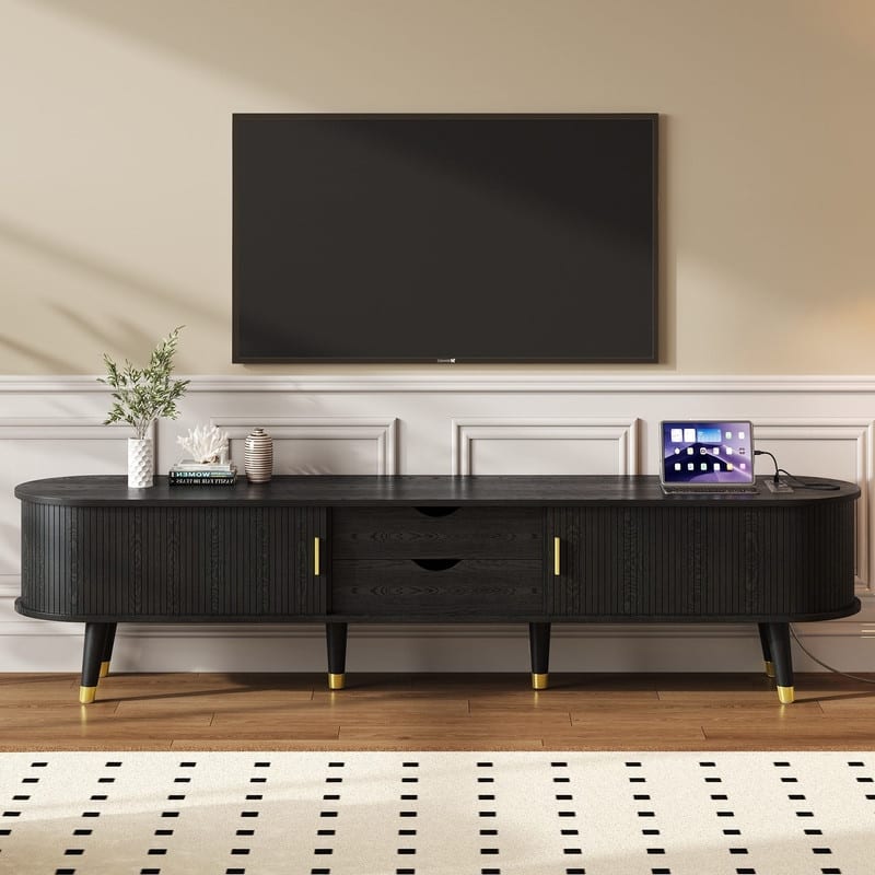 Mid-Century Modern Fluted TV Stand with Charging Station and Ample Storage for TVs Up to 80"