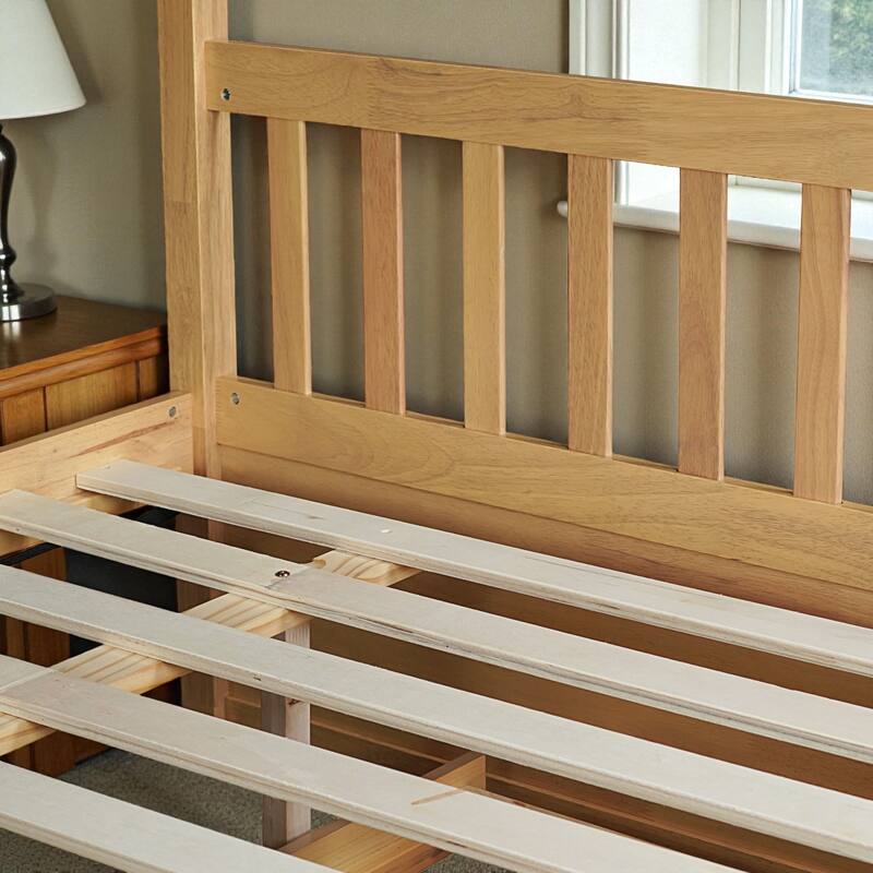 Full Over Full Rubber Wood Bunk Bed with Trundle, Convertible into Two Full Beds, Ladder and Guardrails Included