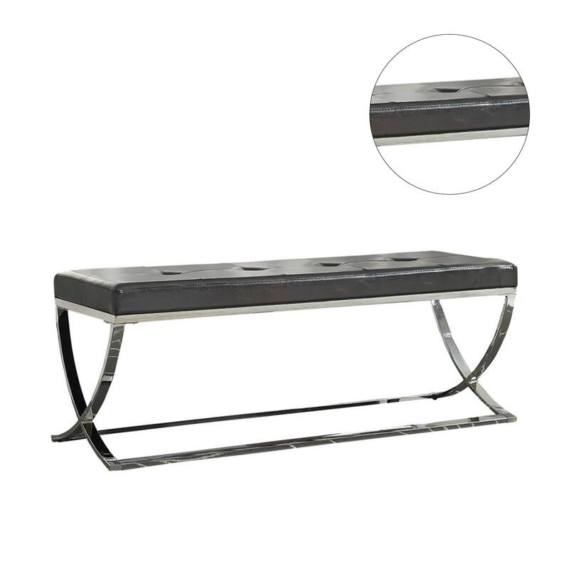 Faux Leather Bench with Metal in Base Black and Chrome