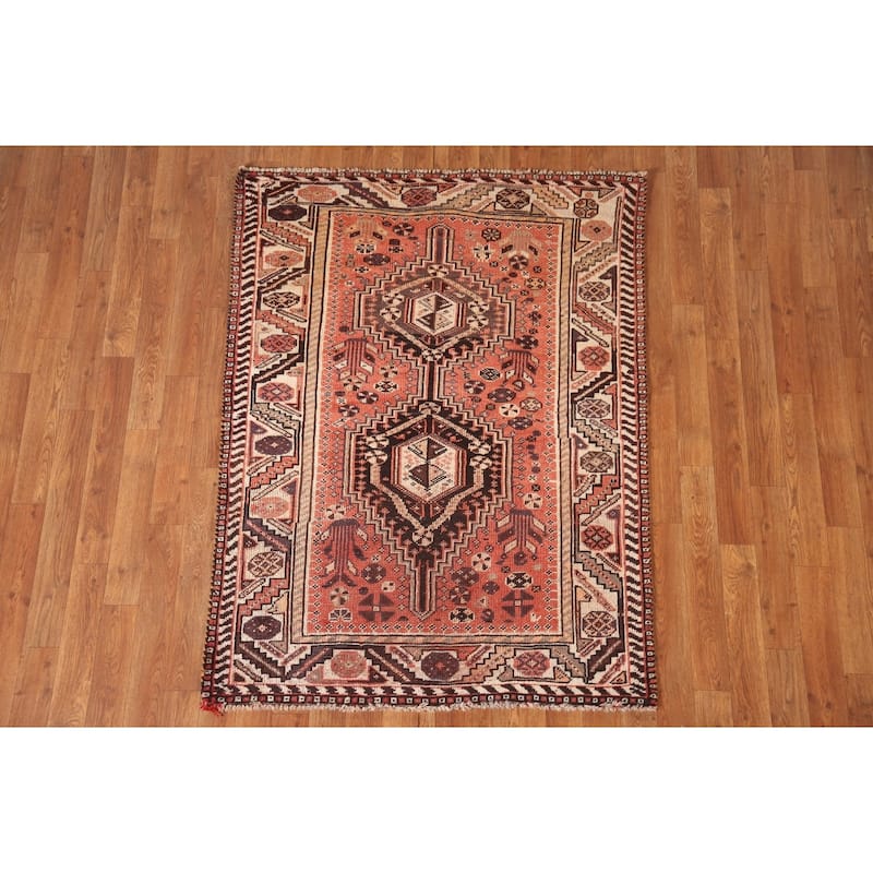 Tribal Shiraz Persian Antique Area Rug Hand-Knotted Coral Wool Carpet - 3'5"x 4'9"
