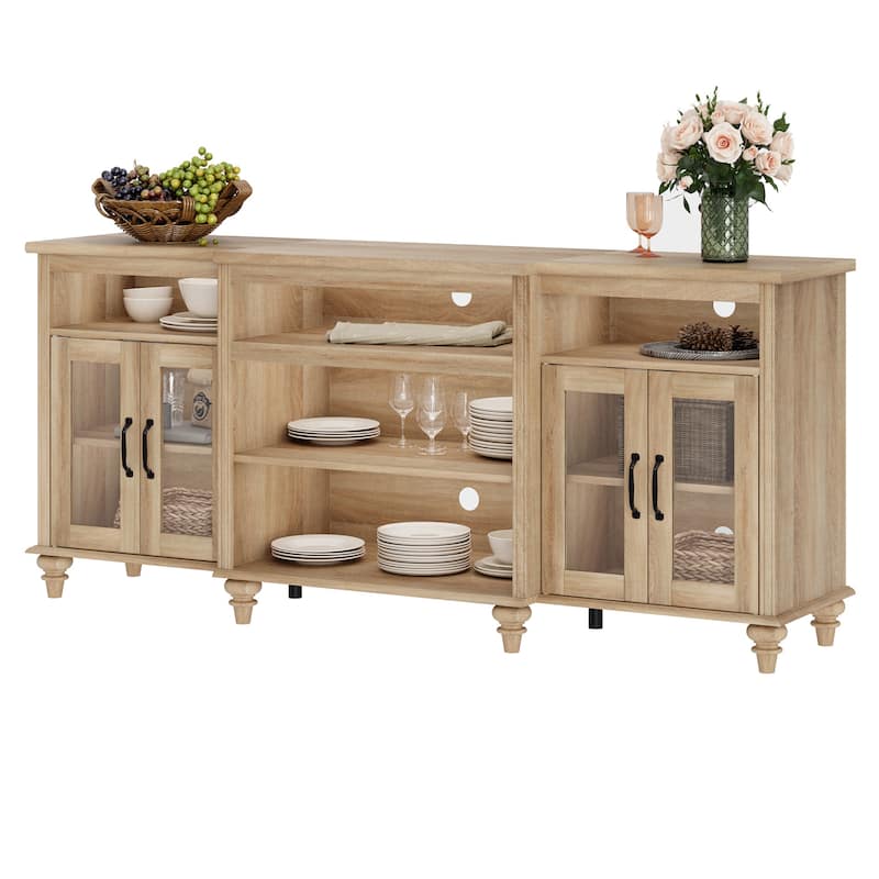 Buffet Cabinet with Glass Doors, Oak Kitchen Cabinet with Storages