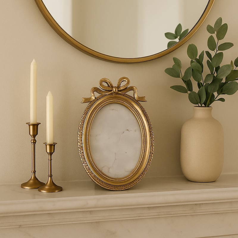 Gold 4x6 in. Polyresin Oval Coquette Photo Frame with Bow - Gold - 8.5"