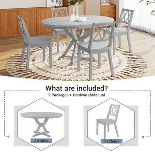 5-Piece Extendable Round Dining Table Set with 4 Antique Gray Chairs ...