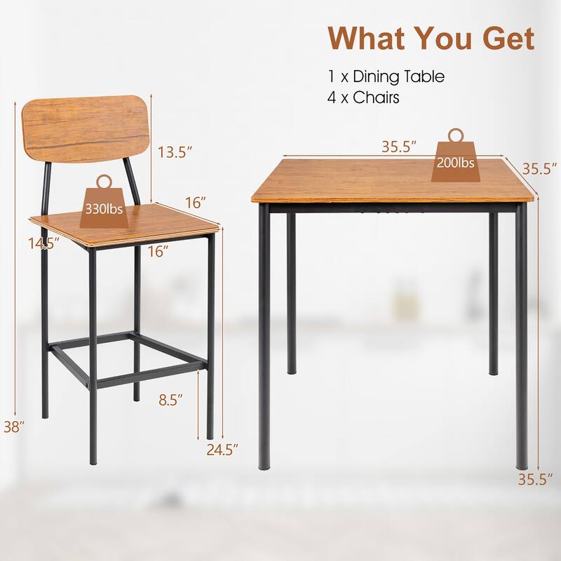 5 PCS Dining Table Set Counter Height Table and 4 Bar Stool Set