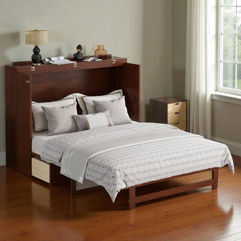 Queen Size Pine Wood Murphy Bed Cabinet with Rattan Front Panel, Foldable Bed with Storage Drawer and Sturdy Platform