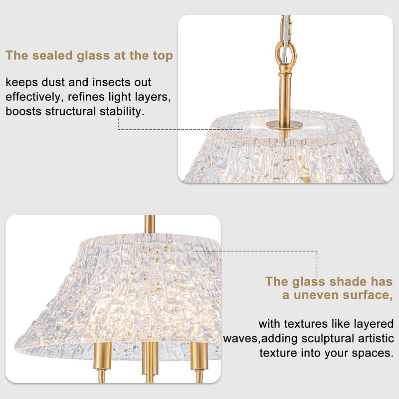 3-Light Pendant Light with Handblown Ripple Glass Kitchen Fixture - Dia.15-in