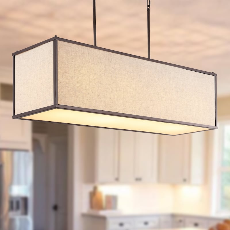 Crosby 42" 4-Light Minimalist Industrial Rectangular Linen Iron Linear LED Pendant, Oil Rubbed Bronze/Beige by JONATHAN Y