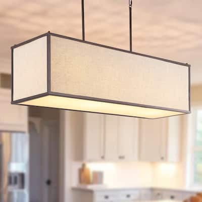 Crosby 42" 4-Light Minimalist Industrial Rectangular Linen Iron Linear LED Pendant, Oil Rubbed Bronze/Beige by JONATHAN Y