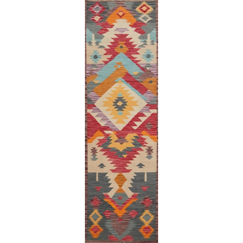 Hand Woven Oriental 100% Wool Carpet Southwestern Tribal Multi-Colored Kilim Runner Rug - 8' 0'' X 2' 0''