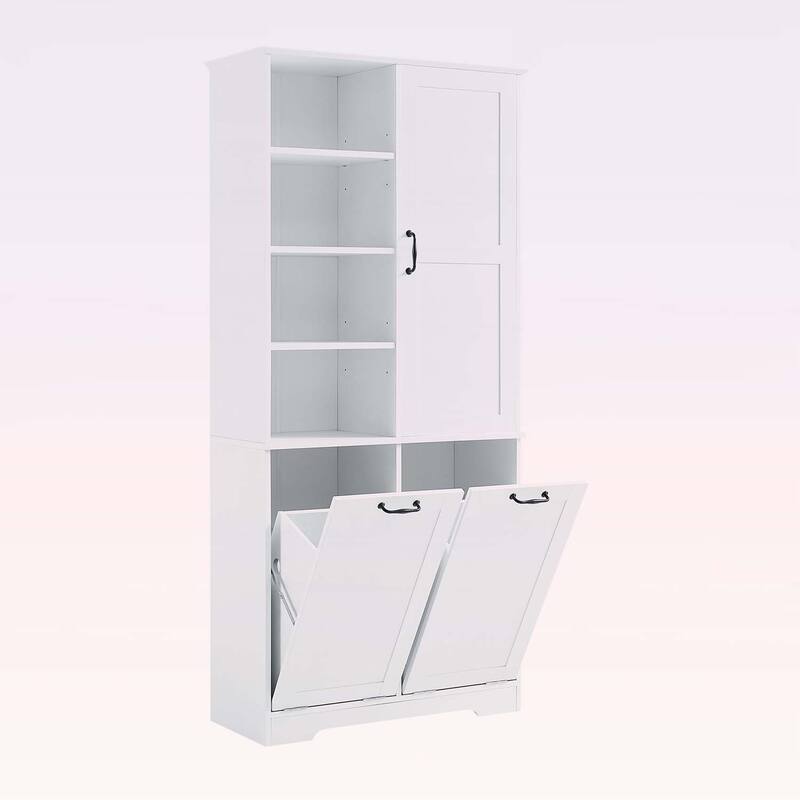 Bathroom Storage Cabinet with Doors, Drawers, Tilt-Out Laundry Hamper, and Adjustable Shelves, Oak Finish