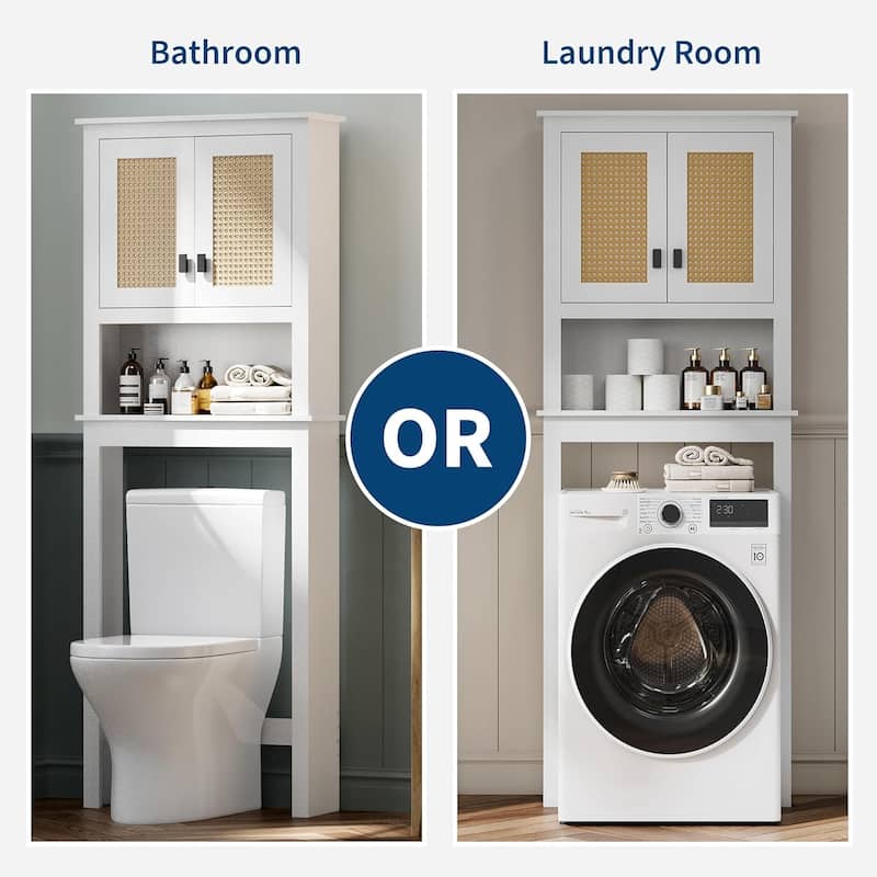 Over The Toilet Storage Cabinet with Rattan Door and Adjustable Shelf