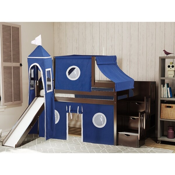 Jackpot Castle Low Loft Stairway Bed with Slide Blue White Tent and Tower Loft Bed Twin Cherry Bed Bath Beyond 25482711