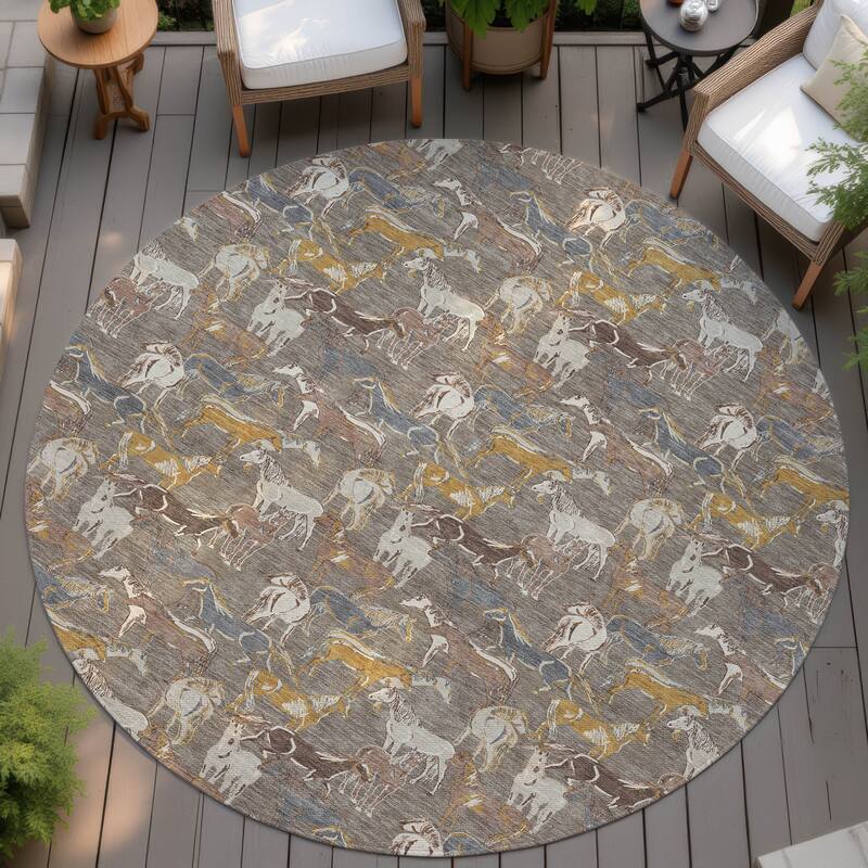 Machine Washable Indoor/ Outdoor Horse Herd Chantille Rug - Taupe - 8' x 8'