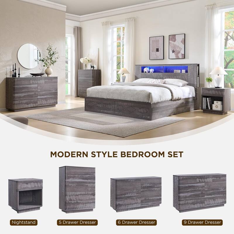 Modern Nightstand with Charging Station, End Table, Wood Beside Table