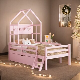 Twin Size House Bed with Guardrail, Kids Beds with One Storage Drawer,Pink