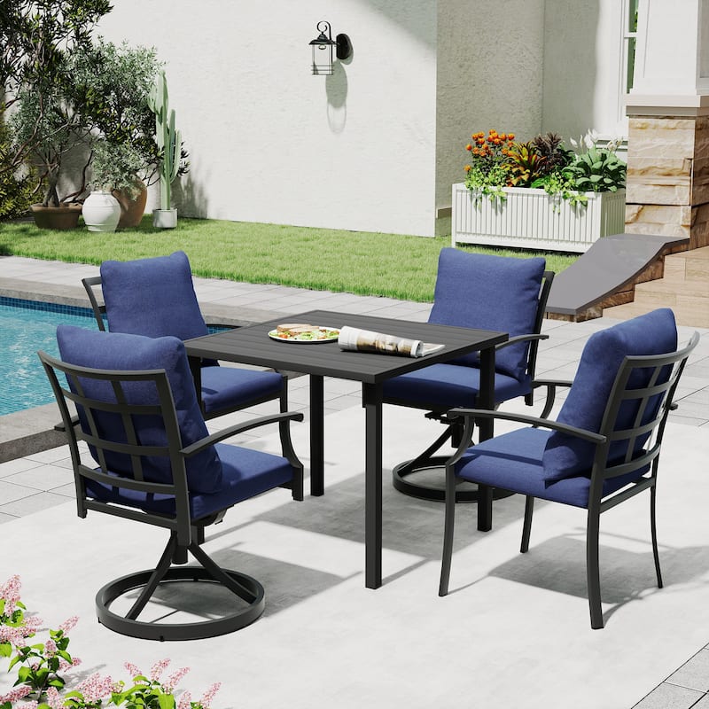 IvyGlow 5-Piece Black Metal Patio Dining Set with Square Table, 2 Swivel Dining Chairs and Gray Cushions - Blue