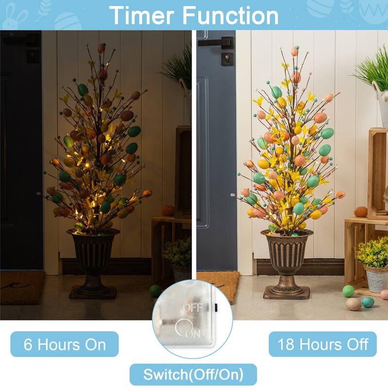 Glitzhome 36"H Easter Egg Berries Flower Urn Porch Tree with 20 Warm White Lights and Timer