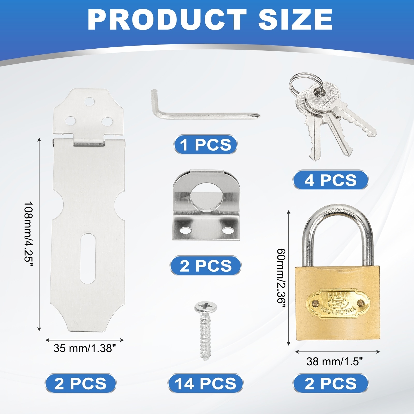 Stainless Steel Padlock Hasp, Lock Hasp Latch Door Slide Latch Locks with Single Copper Lock and Screws - Silver