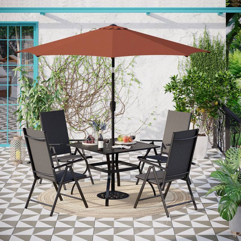 MAISON ARTS Outdoor 6-piece Patio Dining Set, 1 Square Metal table, 4 Adjustable Folding Chairs and 9ft Umbrella