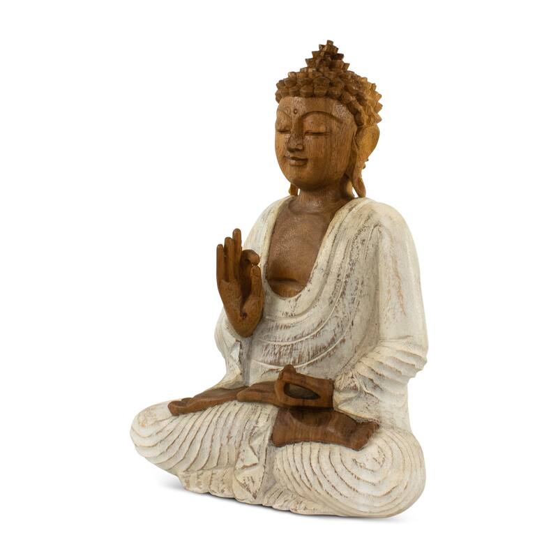 Wood Buddha Statue Hand Carved Whitewashed Vitarka Mudra Sculpture, Zen Home Decor - 16" tall x 12" wide x 7" deep