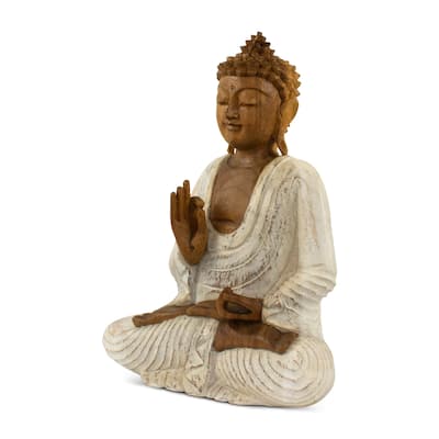 Wood Buddha Statue Hand Carved Whitewashed Vitarka Mudra Sculpture, Zen Home Decor