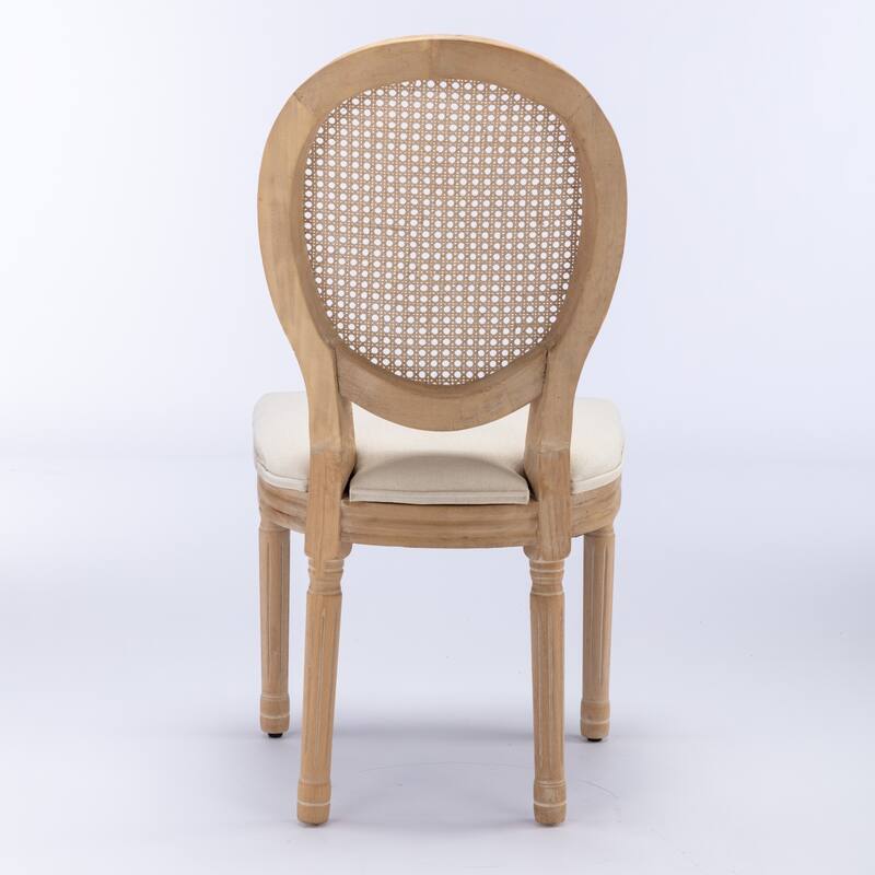 French Style Solid Wood Frame Antique Painting Linen Fabric Rattan Back Dining Chair,Set of 2