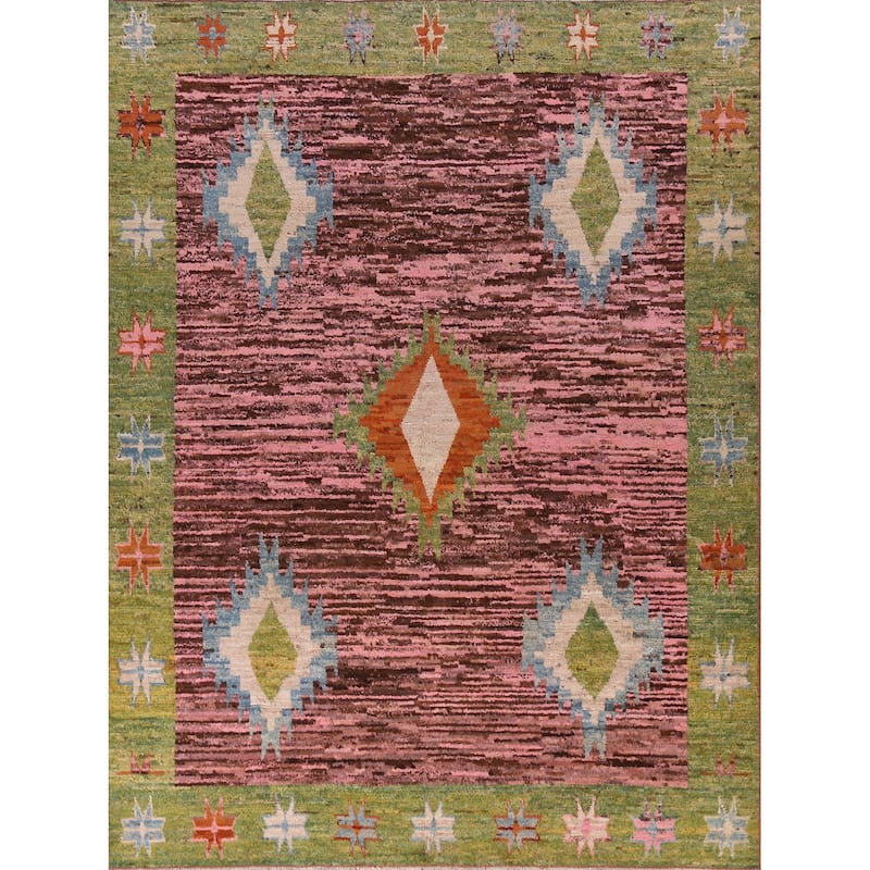 Pink Geometric Moroccan Oriental Rug Hand-Knotted Wool Carpet - 9'3" x 11'10"