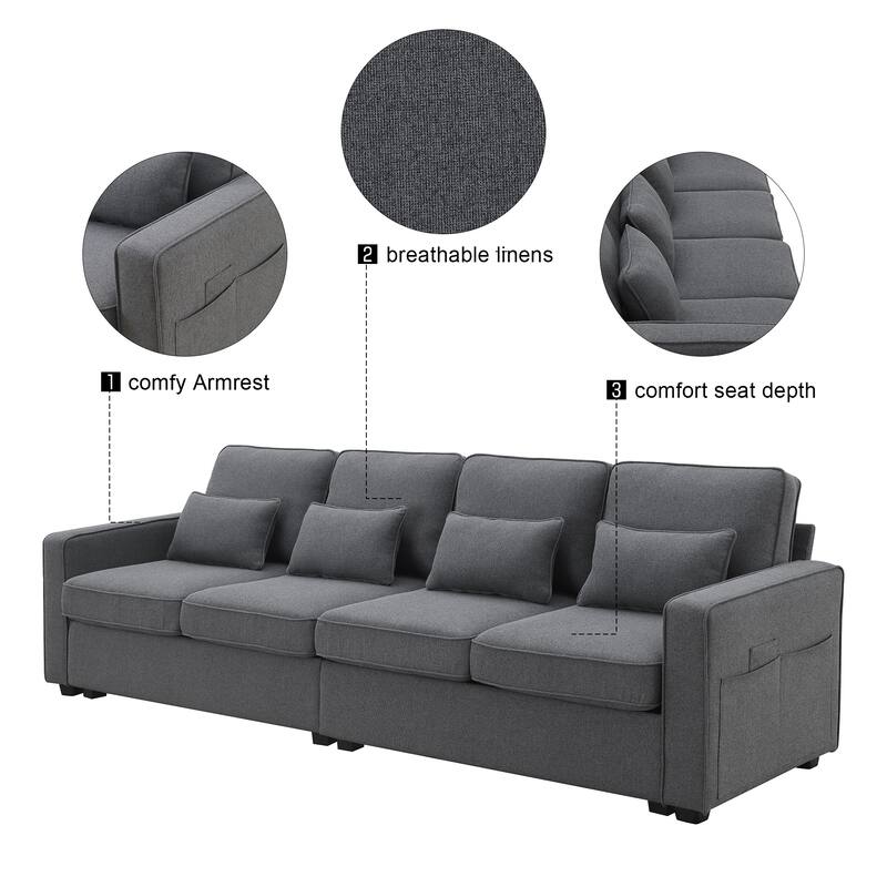 4-seater Modern Linen Fabric Sofa with Armrest Pockets and 4 Pillows, Minimalist Upholstered Living Room Sofa with Soft Armrests