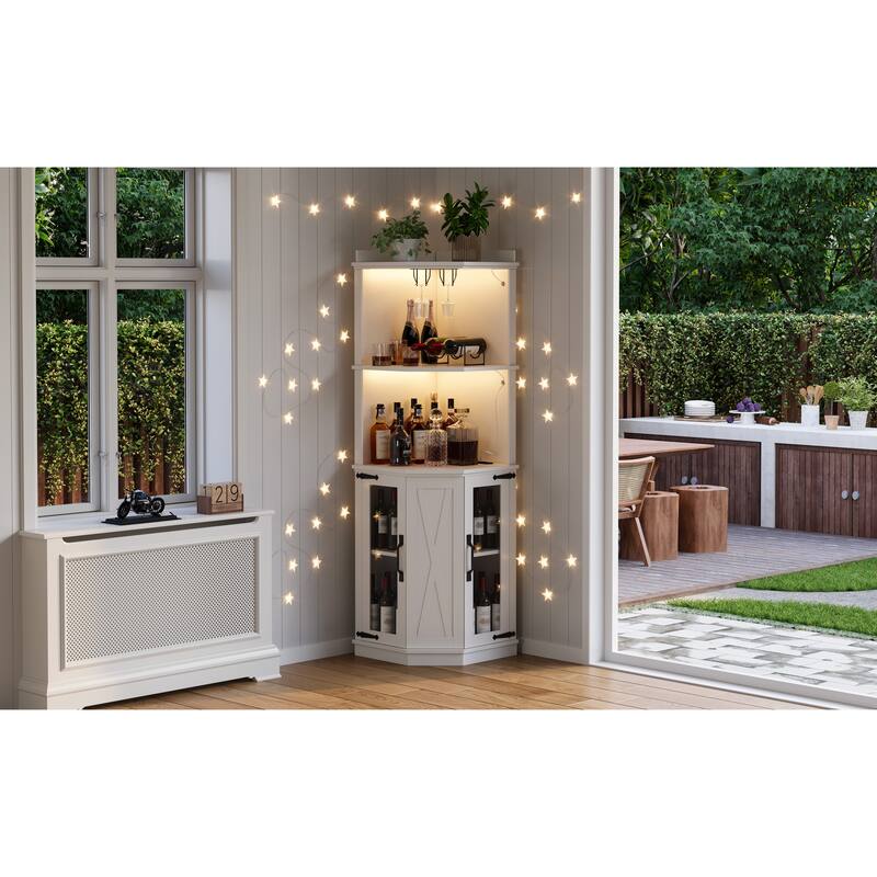 67.3" Corner Kitchen Bar Cabinet Farmhouse Wine Bar Cabinet with Power Outlet, LED Lights, Glass Rack & Adjustable Shelves