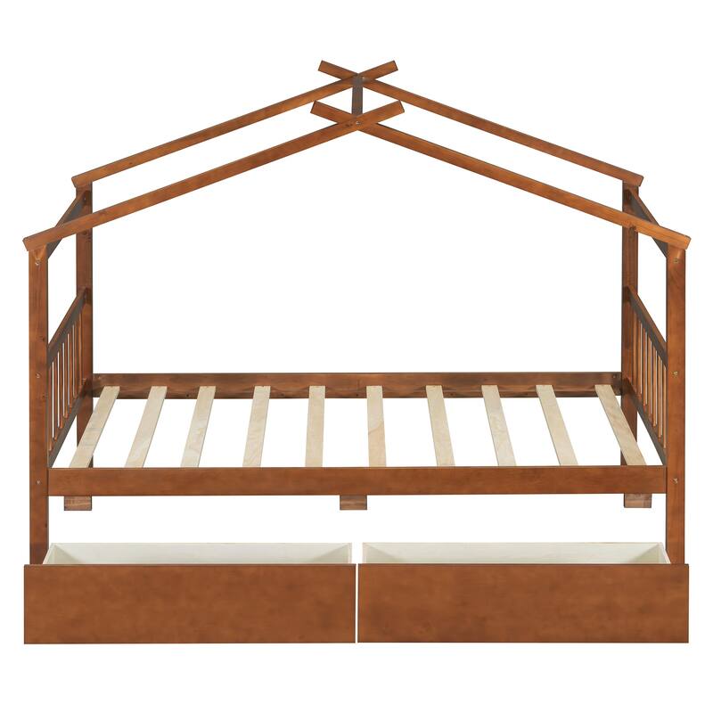 Twin Size Wooden House Bed with Drawers, Walnut Finish
