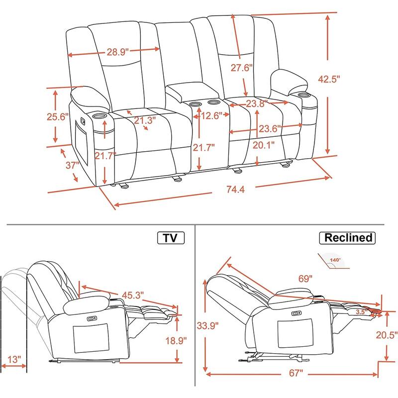 MCombo Electric Power Reclining Sofa with Massage and Lumbar Heat, Fabric 6015/6025/6035/6045