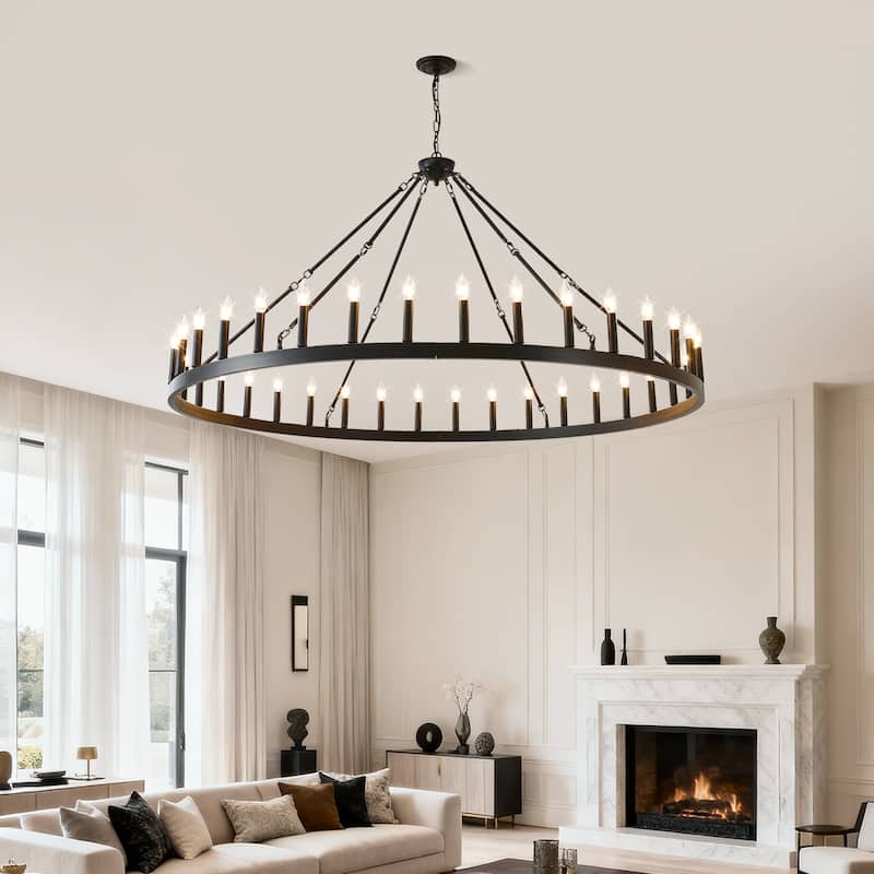 63.8 INCH 36-Light Extra Large Wagon Wheel Chandelier, Black Farmhouse Round Wheel Chandelier Light Fixtures E12