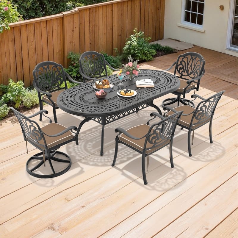 7-Piece Outdoor Dining Set with 1 Table and 6 Chairs, All-Weather Aluminum Outdoor Patio Sets - Black