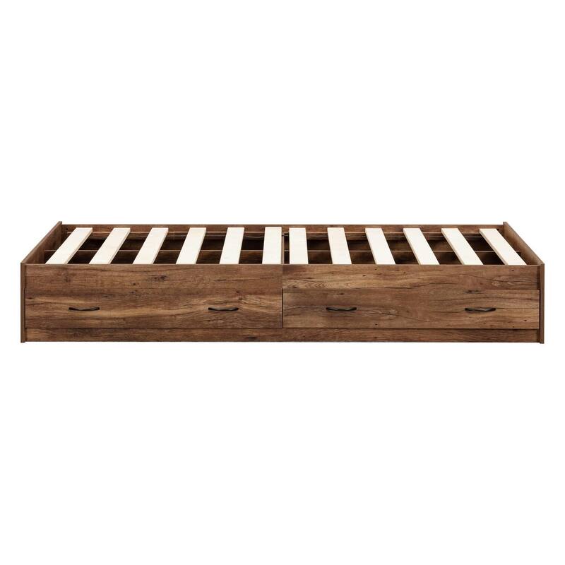 Twin Bed with Drawers - Mountain Oak Finish, Slat Kit Included, Reversible Design, Easy Assembly