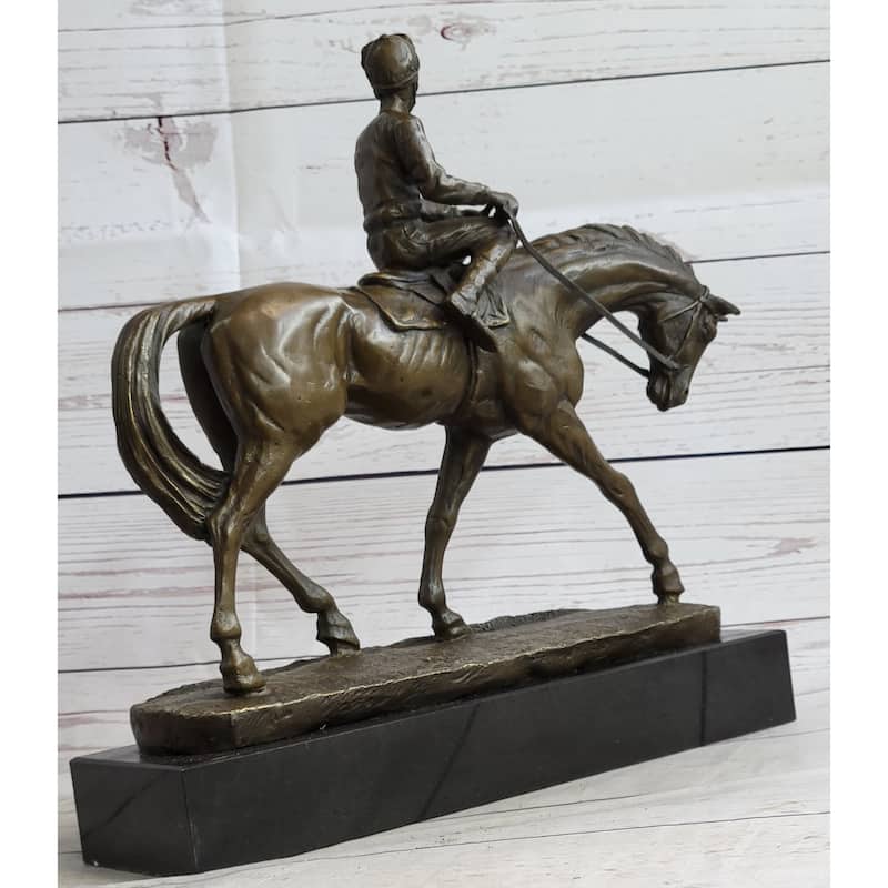 Polo Jockey On Horseback Equestrian Bronze Statue Sculpture Signed Art On Marble Base