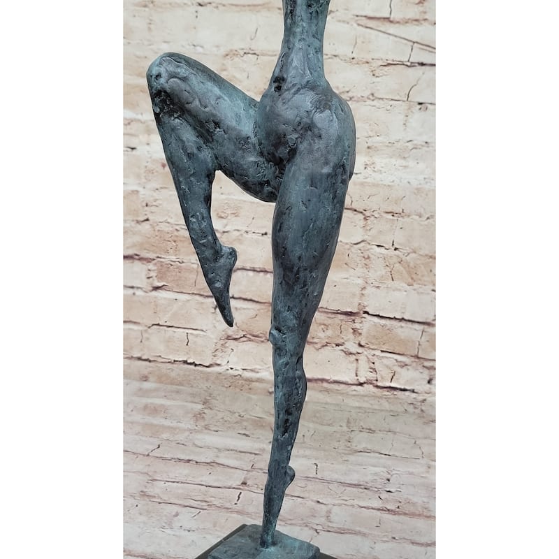 Abstract Female Figure Dancer Kicker Bronze Sculpture Green Patina Marble Base