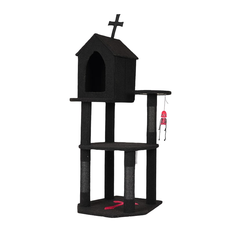 57" Gothic Cat Tree with Multi-Level Platforms and Scratching Posts Cozy Condo and Coffin Bed