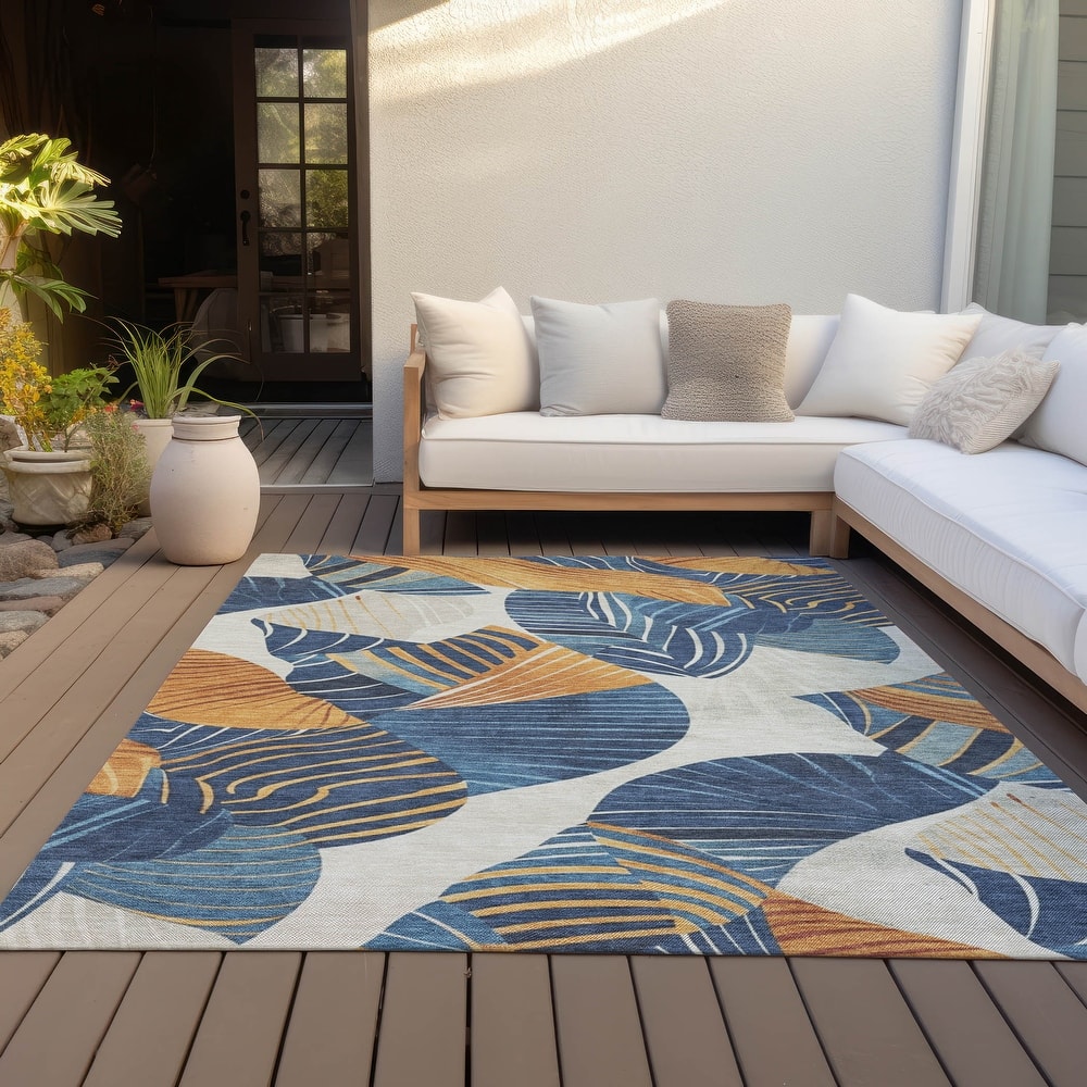 Machine Washable Indoor/Outdoor Coastal Palm Leave Chantille Rug